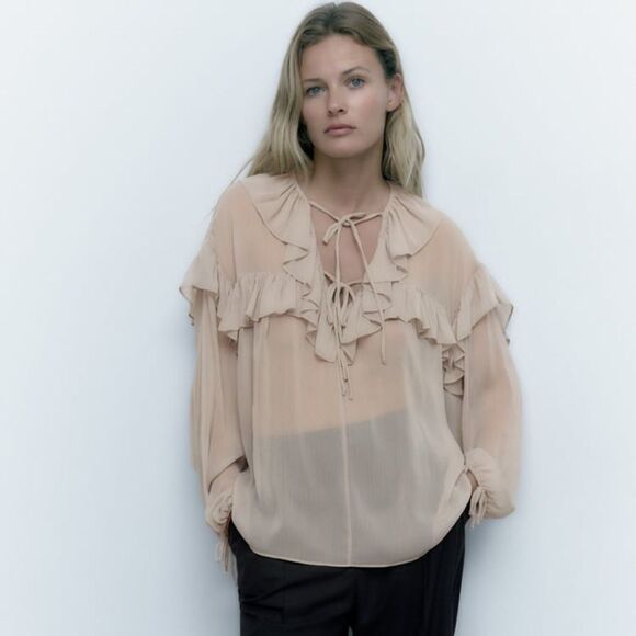 Zara Semi-Sheer Ruffles Blouse New - Picture 10 of 10